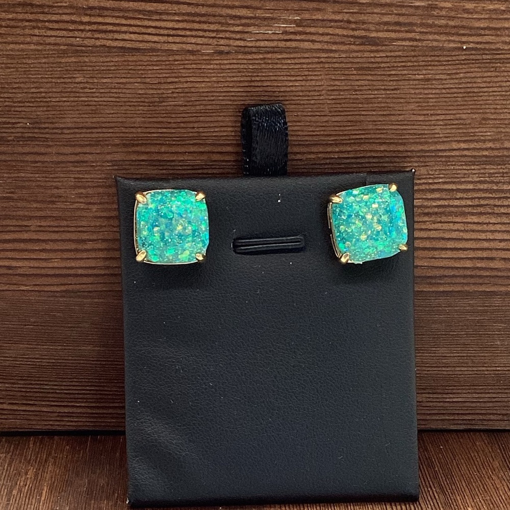 213. Turquoise & Gold Sparkle Square Peg Earrings EUC
